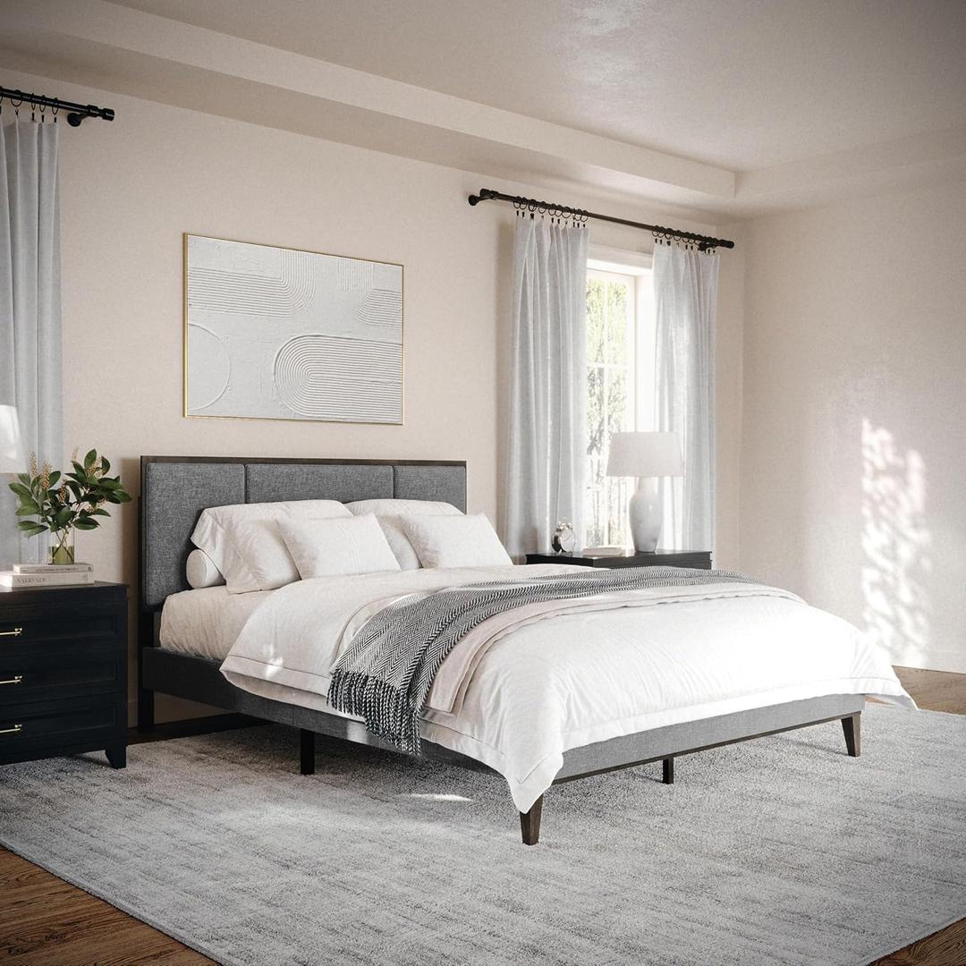 Martha Stewart Jett Platform Bed with Headboard, Fabric Upholstered Inset Headboard and Base, Solid Wood Frame, No Box Spring Needed, Queen, Brown Gray/Gray
