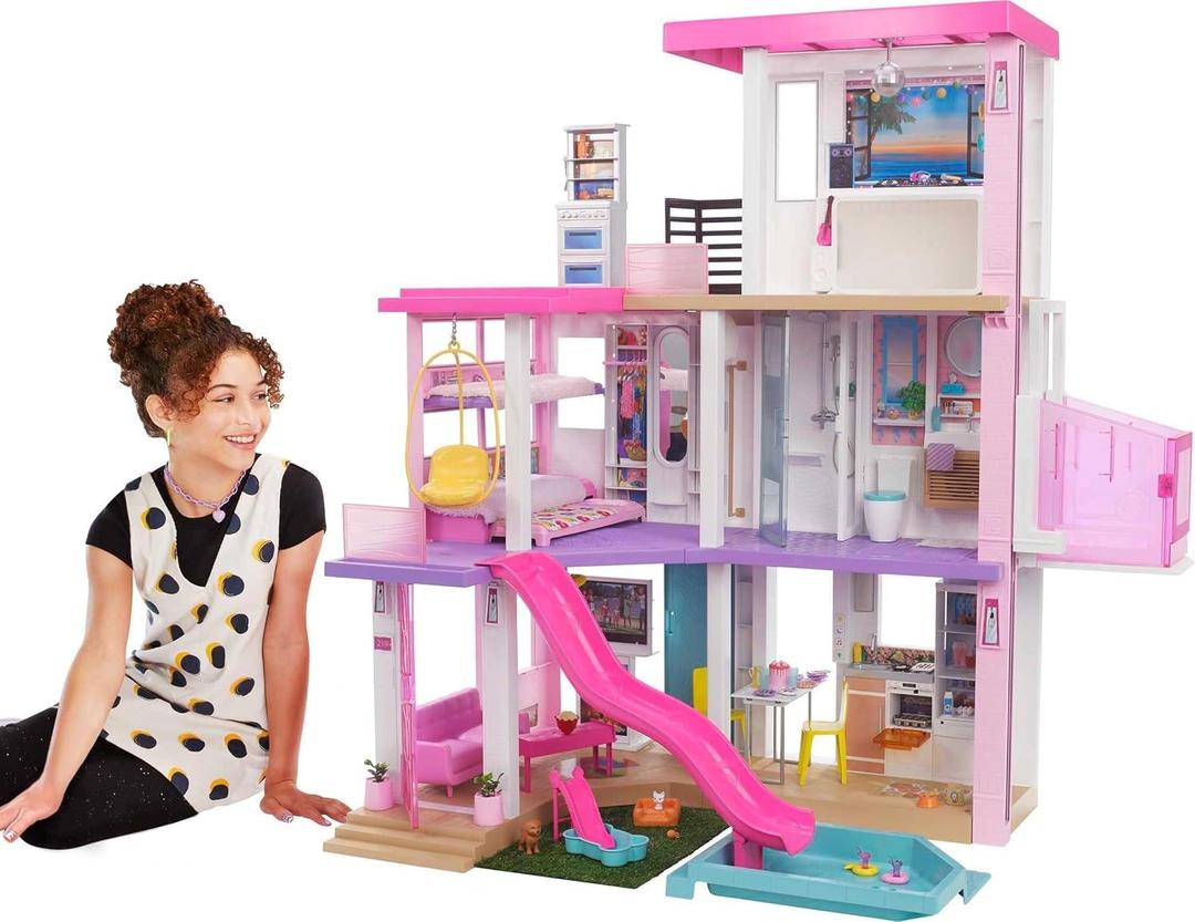 Barbie Dreamhouse (3.75-ft) 3-Story Dollhouse Playset with Pool & Slide, Party Room, Elevator, Puppy Play Area, Customizable Lights & Sounds, 75+ Pieces, Gift for 3 to 7 Year Olds