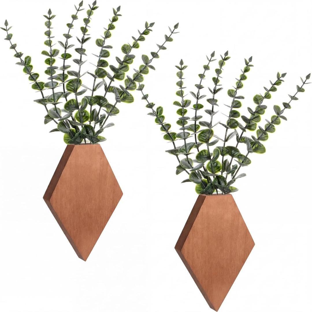 Chunful 2 Pcs Wooden Wall Planter Decor Hanging Fake Plants Greenery Flowers Holder Vase Boxes for Wall Bohemian Farmhouse Room Kitchen Office Indoor Decoration(Walnut Color,7.1 x 4.7 x 1.2 Inches)