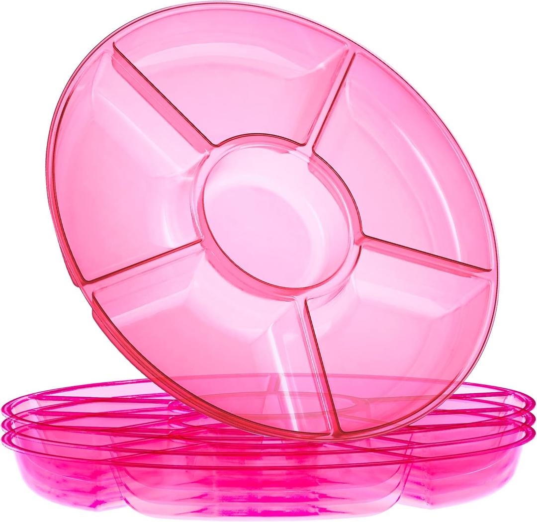 Plastic Pro 6 Sectional Round Plastic Serving Tray/Platters Pink Pack of 2
