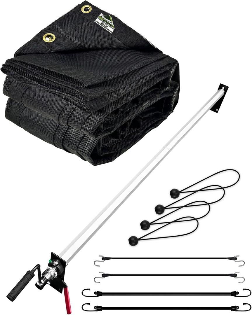 FoundGo Dump Trailer Tarp Roller Kit, 6x14 ft Heavy Duty Truck Tarp with Adjustable Length Roller, 113" Max Length Aluminum Roller and 18OZ Mesh Tarp with Elastic Cords for Dump Truck&Trailer