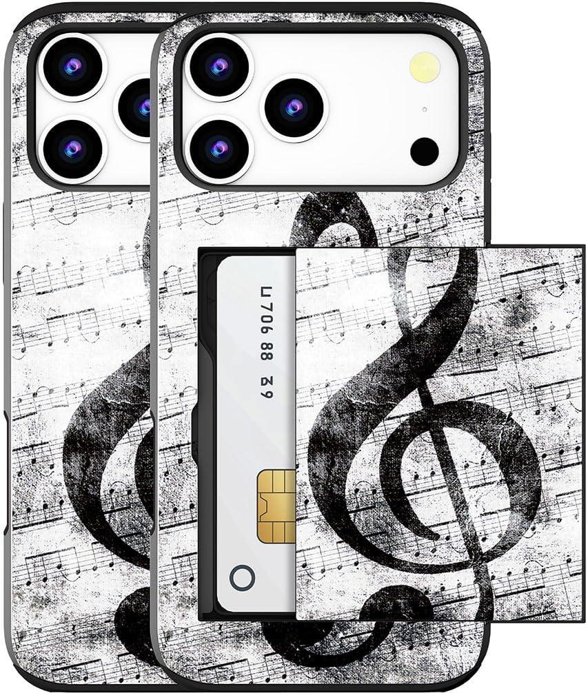 Compatible for iPhone 17 Pro Case with Card Holder Cute - Kawaii Design Military-Grade Drop Protection Rugged Wallet Cases for Women (Black Music Note Musical)