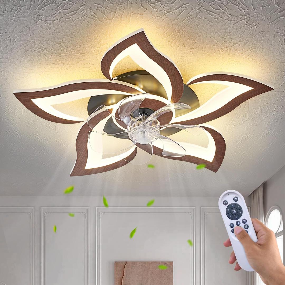 Ceiling Fan with Lights Remote Control, Wooden Geometric Color 6 Speeds Low Profile Flush Mount Ceiling Fan with Light for Kitchen Bedroom Living Room (24"-Dark Wood Grain Color)