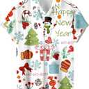 Men's Funny Christmas Shirts Short Sleeve Button Up Vacation Bowling Shirt (4X-Large, Christmas-white Happy New Year)