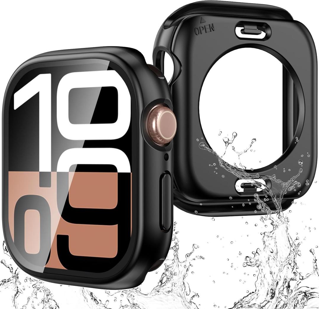 3 in 1 Waterproof Case for Apple Watch Screen Protector 46mm Series 10/Series 11,with Tempered Glass,[360 Protective Front and Back] PC Bumper Face Cover Compatible iWatch Accessories (Matte Black)