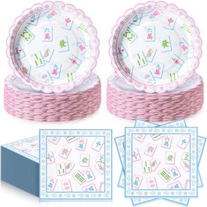 Havawish 96 Pcs Mahjong Plates and Napkins for 48 Guests, Mahjong Party Supplies Cocktail Tableware Including Dessert Plates and Napkins for Bridal Showers Birthday Wedding Party
