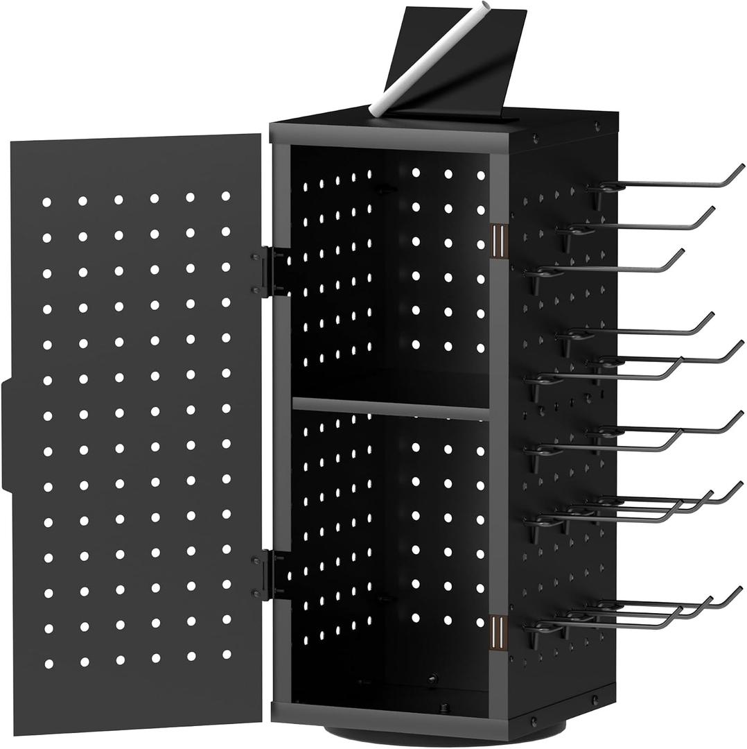 Alyoen Rotating Pegboard Display Stand With 24 Hooks - Metal Spinning Peg Board Organizer Accessories with Magnetic Door Design, Magnet Display Stand for Keychain, Jewelry, EarringBlack
