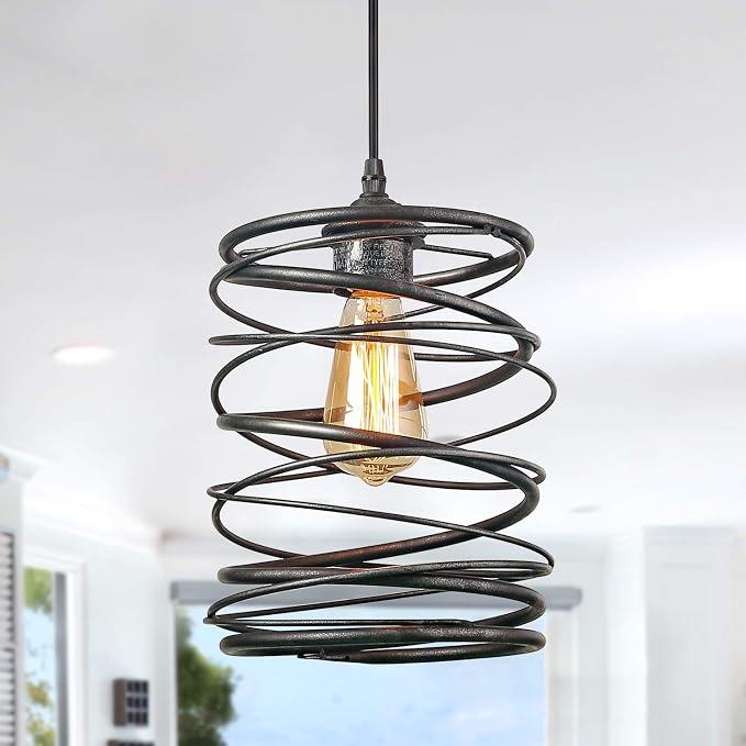 LNC Pendant Lighting for for Kitchen Island，Rustic Farmhouse Brown Rust Cage Hanging Lamp, Antique Silver Black, A03292