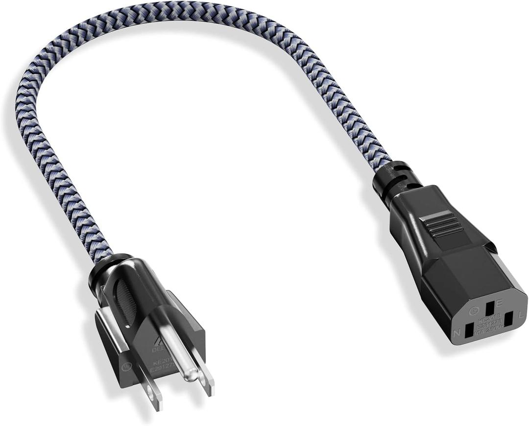 Short 3 Prong Power Cord, 1FT/0.3M Goalfish 10A 250V Power Cable UL Certified TV Power Cord 18AWG Nylon Braided AC Power Cord Replacement for PC, Computer, HDTV, Monitor, Printer, Projector