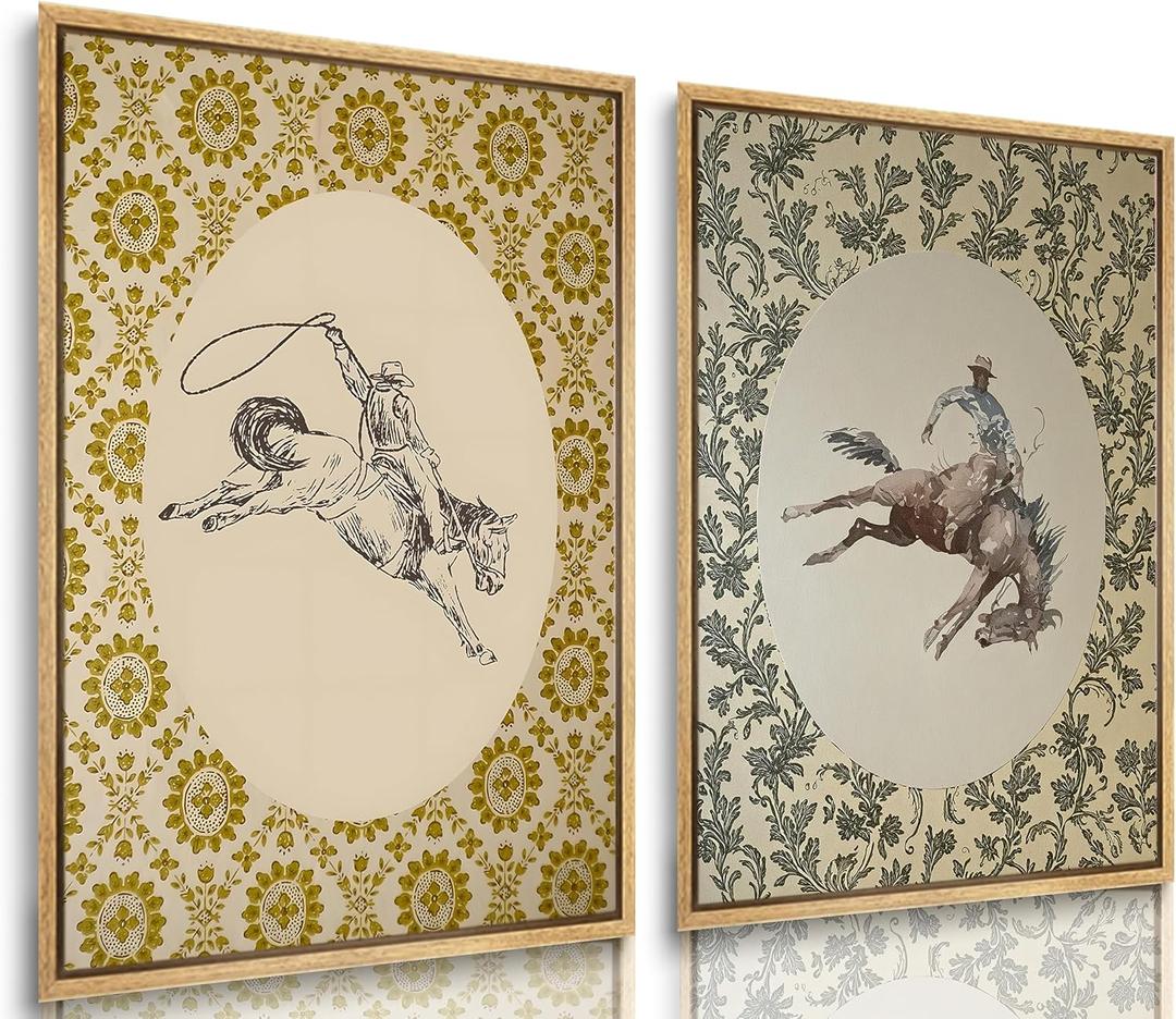 2Pcs Western Cowboy Canvas Wall Art Western Country Posters Prints Bohemian Style Cowboy Paintings Mid-Century Western Retro Pictures Wall Decor for Bedroom Bathroom Living room Decor Unframed