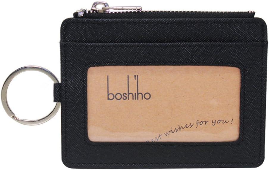 Boshiho Saffiano Leather Credit Card Holder Coin Change Purse with Key Ring Keychain