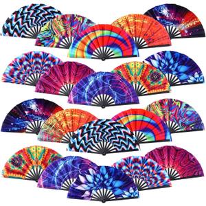 FairySandy 20 Pcs Rave Fans Bulk Large Folding Hand Fans with Plastic Ribs for Men Women, Chinese Japanese Rainbow Handheld with Fabric Case for Drag Queen Dance Club Music Festival Party(Stylish)