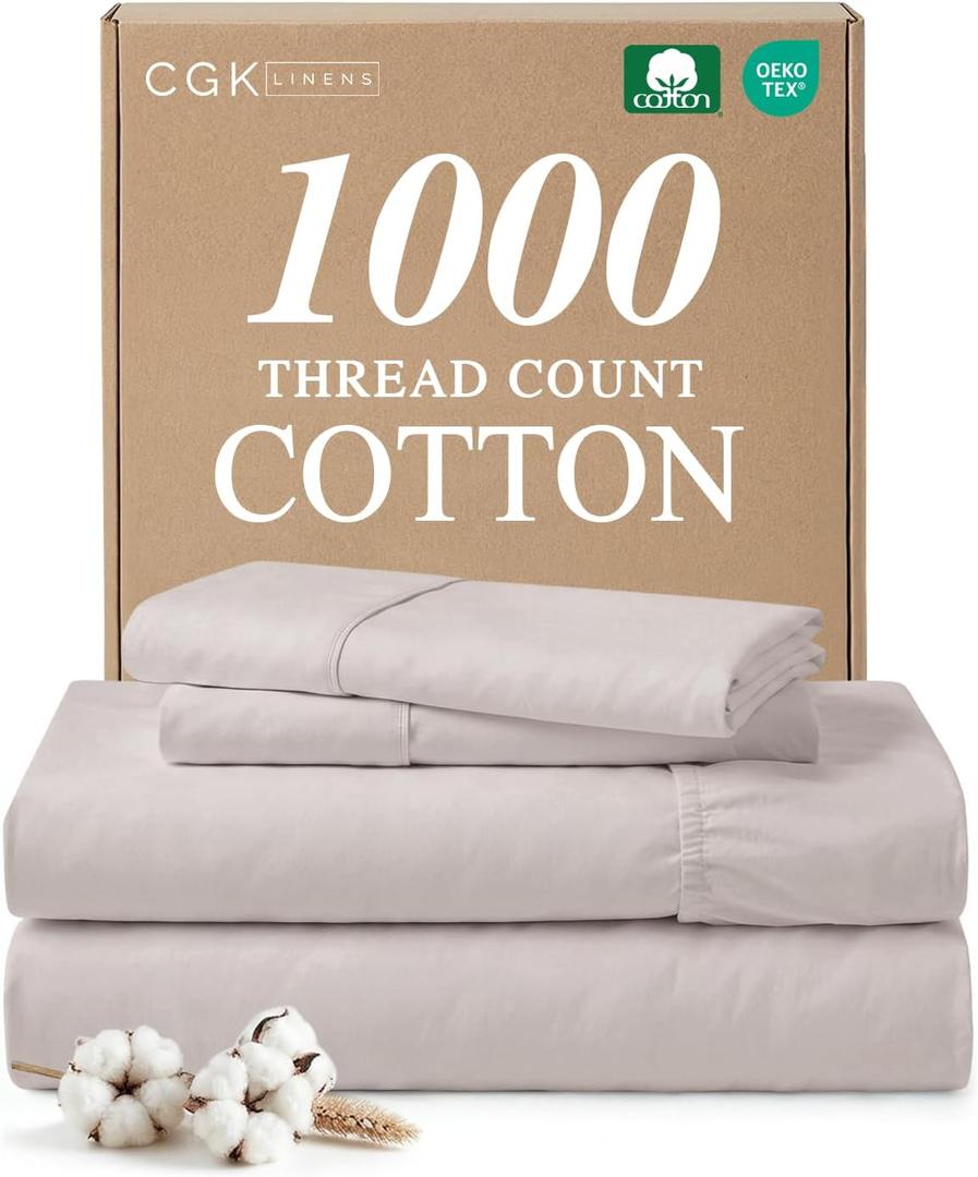 1000 Thread Count Sheet Set - 100% Cotton Bed Sheets - Softer Than Egyptian Cotton - 4-Piece Light Grey Cal King Set - Sateen Weave - Hotel Luxury Bedding 16" Deep Pocket (Fits up to 17" Mattresses)