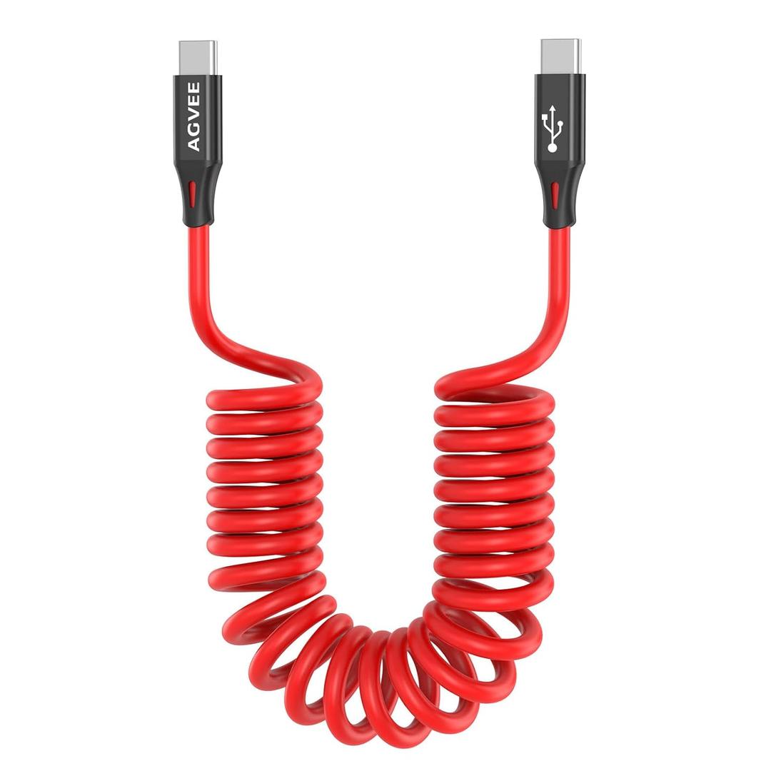 AGVEE 1.5ft Coiled Short USB-C to USB-C Charging Cable [USB-IF Certified] 60W PD Fast Charger Cord in Car for iPhone 17/16/15 CarPlay, Galaxy S25 S24 S23 S22 S21 S10 S9, Google Pixel, Red
