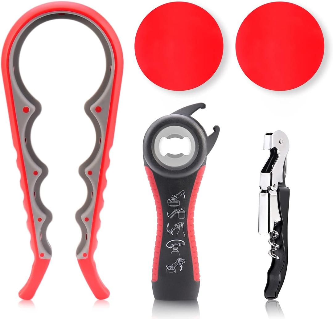 Astofli 5 Pack Jar Opener For Seniors With Arthritis, Easy Twist Lid Opener Jar Opener For Opening Jars With 2 PCS Rubber Jar Gripper, Multi Can Openers Prime For Seniors With Arthritis (Red & Black)