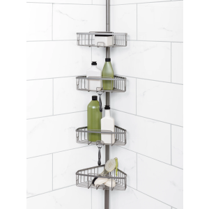Zenna Home Tension Pole Shower Caddy Corner Organizer, Adjustable Standing Shower Caddy with 4 Baskets and Built in Towel Bar, Rust Resistant Bathroom Tension Rod Organizer, 60 to 97 Inch, Grey