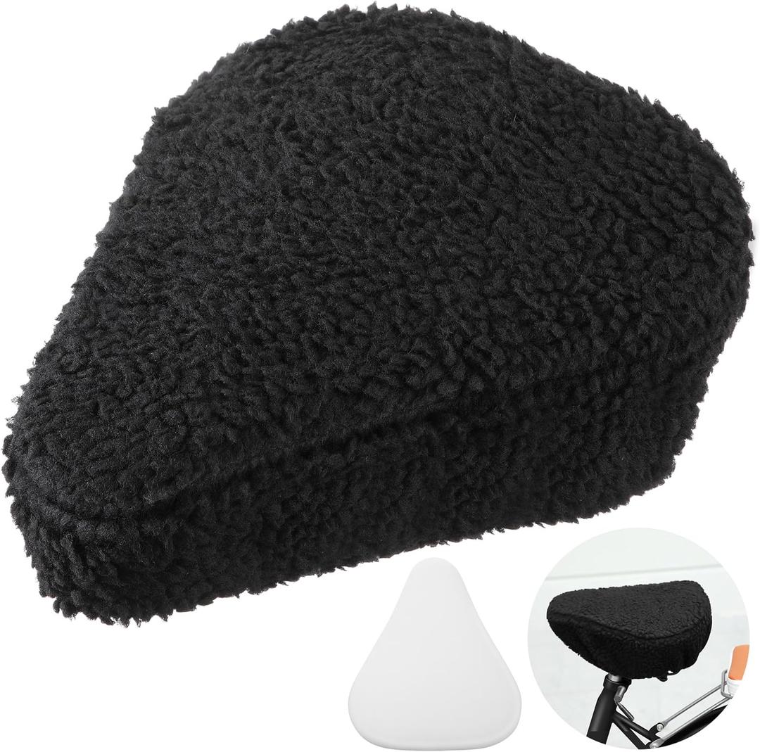 Feekoon Imitation Sheepskin Bicycle Seat Cover & Removable Sponge Padding, White Universal Sheepskin Bike Cushion Cover, Secure Fit Fur Protector for Wide Seat Spin Bike, Cruiser Exerciser (Black)
