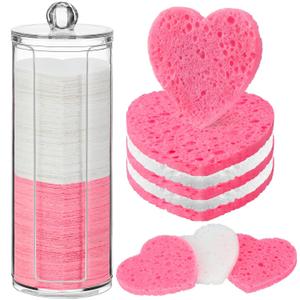 Sieral 120 Pcs Compressed Facial Sponges with Container Disposable Face Sponge Pads for Washing Face Cleansing Exfoliating Esthetician Makeup Removal(Heart,White, Pink)