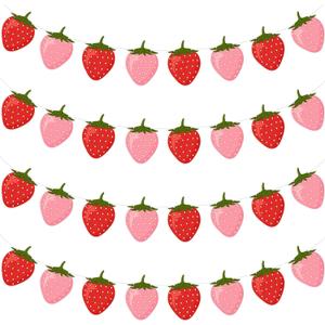 Lewtemi 4 Pcs Berry First Birthday Decor Strawberry Baby Shower Decorations Hanging Banner Berry Garland for Strawberry Themed Party Favors Supplies, (Red, Pink)