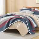 Litanika Quilt Queen Size Blue and Red, Stripe Patchwork Summer Bedspread Coverlet 3 Pieces, Soft Lightweight Polyester Quilted Bedding Set for All Season(1 Quilt, 2 Pillowcases)