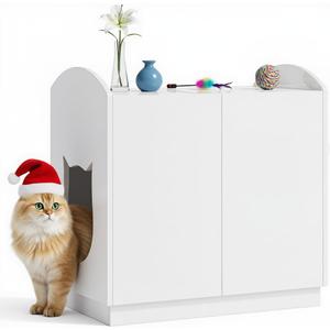 YITAHOME Hidden Cat Litter Box Enclosure, 31 Inch Litter Box Furniture with Hooks for Large Medium Cats, High-Gloss Wooden Cat Cabinet for Indoor Cats, White