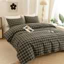 ECOCOTT Cotton 3 Pcs Duvet Cover Set Linen Feel Brown & Blue Plaid Queen