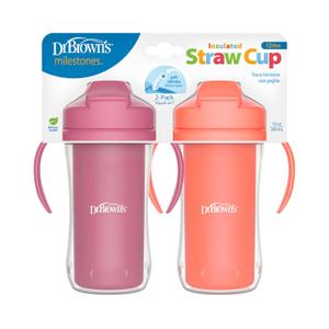 Dr. Brown's Milestones Insulated Sippy Cup with Straw and Handles, Spill-Proof Tumbler with Lid, Pink/Coral, 10 oz/300 mL, BPA-Free, 12m+, 2-Pack