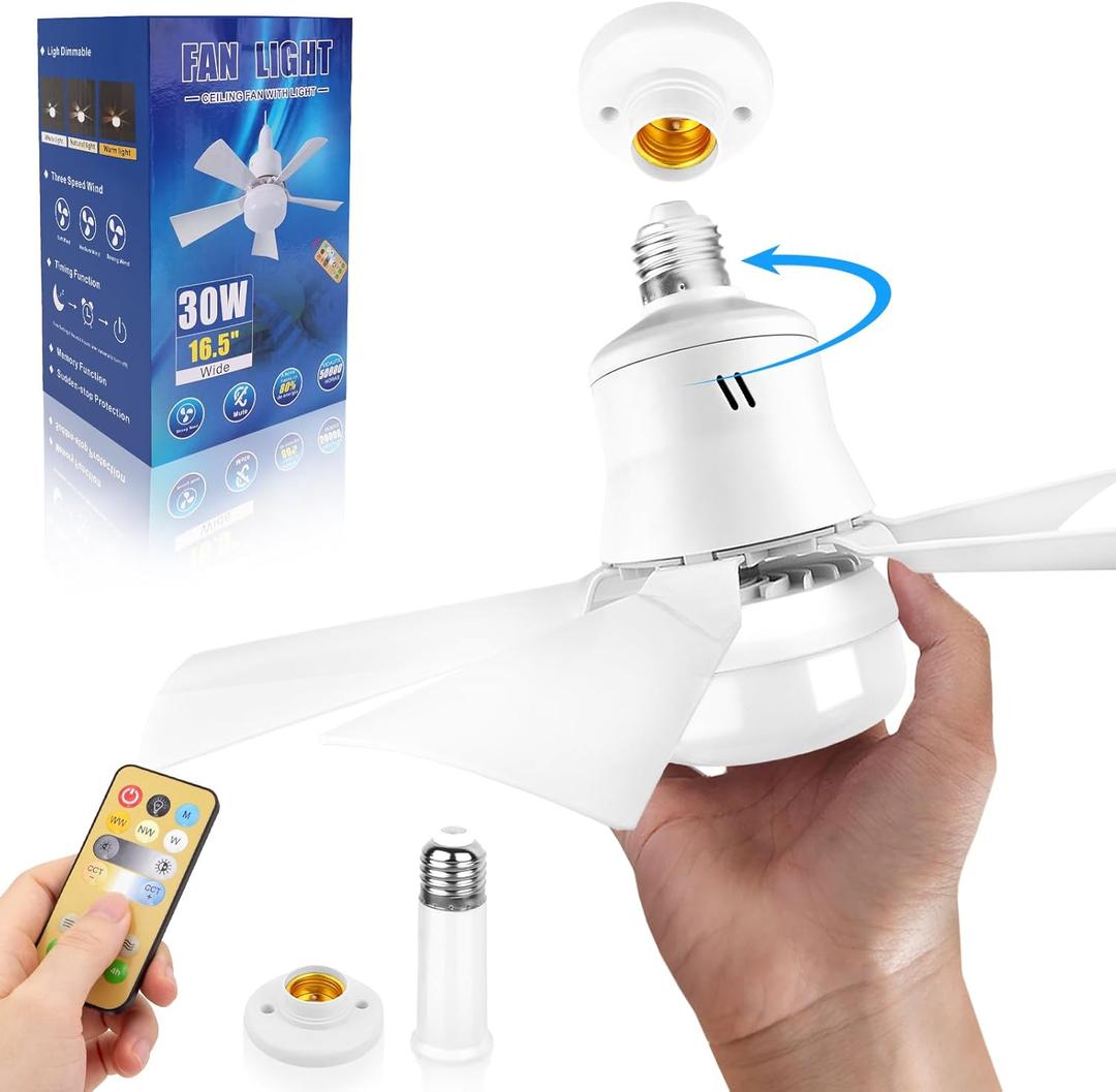 Socket Fan Light with Remote 16.5 Stepless Color Temperature and Dimming Screw in Ceiling Fan in Light Socket for Bedroom Living Room Kitchen Garage As Seen on TV, White