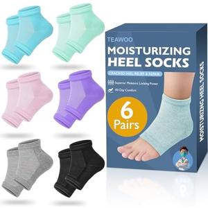 TEAWOO Moisturizing Heel Socks - 6 Pairs for Dry Cracked Feet, Toeless Gel Socks for Hydration and Repair