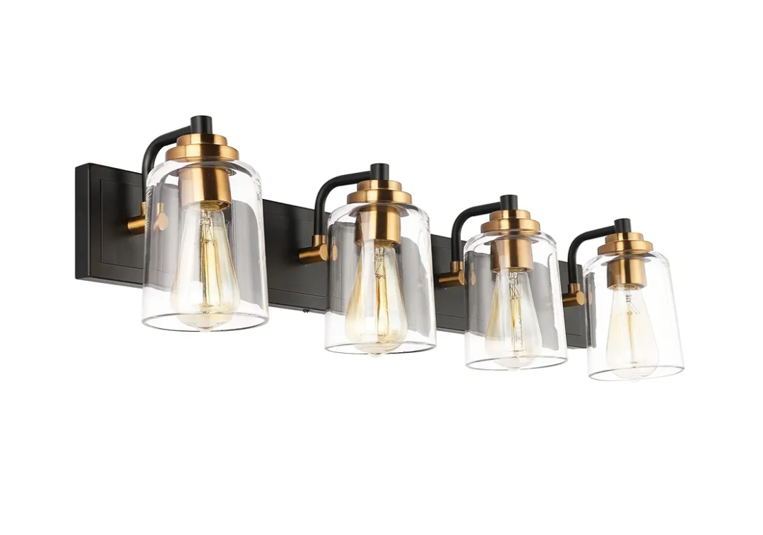 SOLFART Vintage Vanity Lighting Fixtures for Bathroom 4 Light Bathroom Vanity Light Black Brass Wall Light Sconce Light Black with Brass Light for Bath
