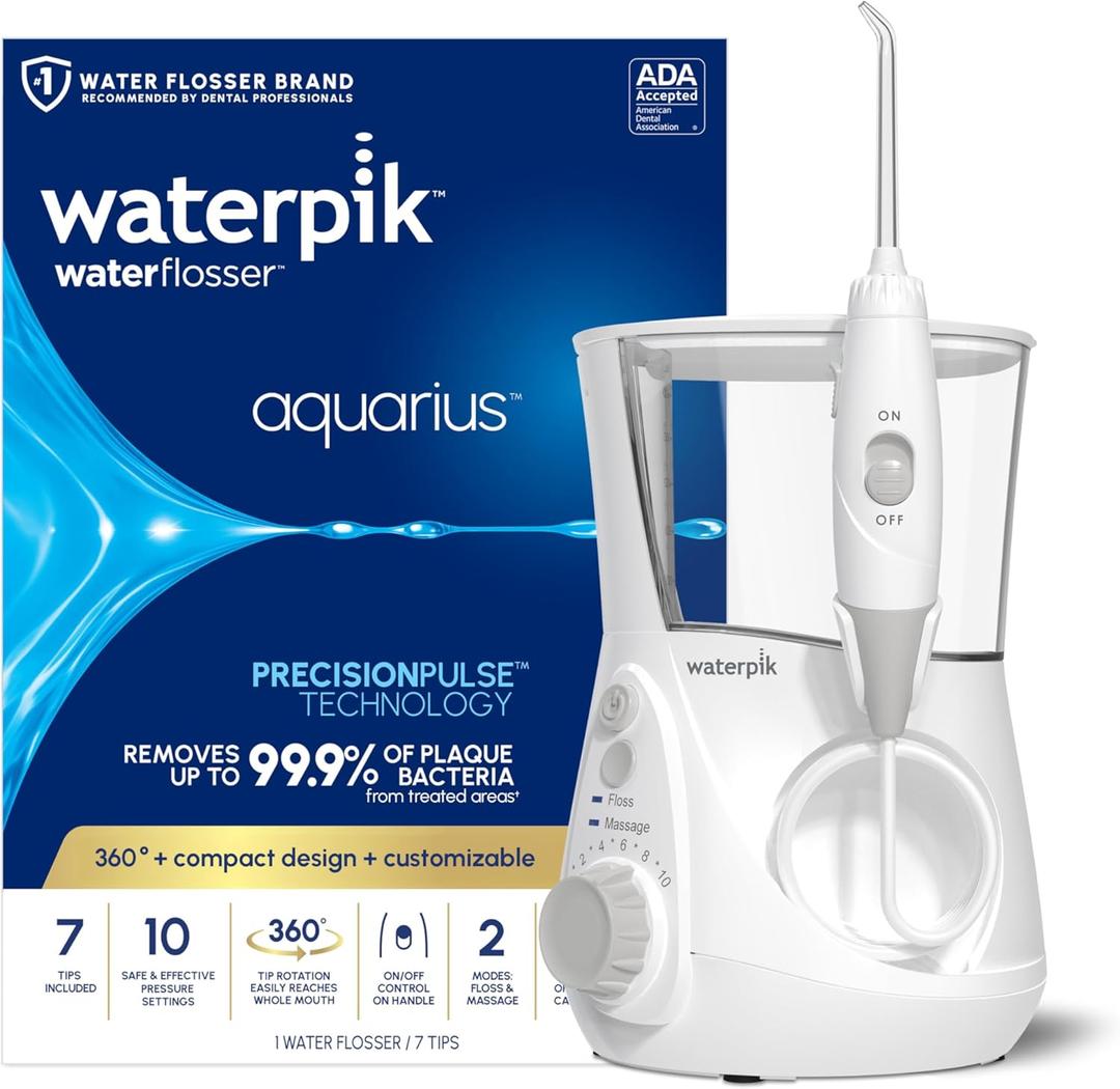 Waterpik Aquarius Water Flosser For Teeth Cleaning, Gums, Braces, Dental Care, Electric Power With 10 Settings, 7 Tips For Multiple Users And Needs, ADA Accepted, White WP660 