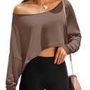 Fisoew Womens Off The Shoulder Cropped Tops Batwing Long Sleeve Loose Fit Summer Boat Neck Workout T Shirts Brown, Size Small