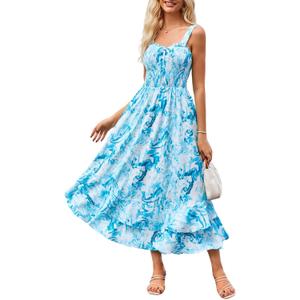 GRACE KARIN Women's 2026 Summer Floral Boho Dress Square Neck Strapped Swing A Line Sundress Beach Long Maxi Outfits (Blue)