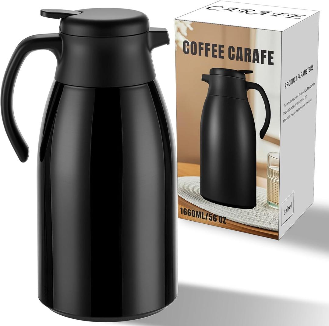 PARACITY Thermal Coffee Carafe with Stainless Steel Liner, Coffee Carafes for Keeping Hot, Double Walled Vacuum Insulated Coffee Urn for Coffee & Tea, Home & Office (56OZ - Black)