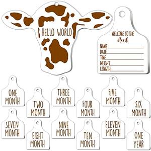 Maitys 14 Pieces Cow Baby Monthly Milestone Cards Rustic Wooden Ornament Herd Signs Cattle Newborn Photography Props to Record Your Baby's Growth, Gift for Pregnancy and Baby Shower (White)