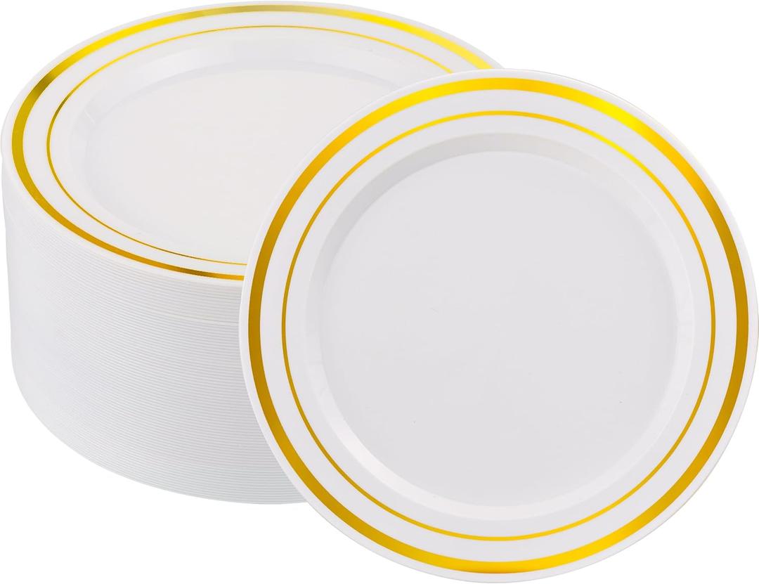 50 PCS Gold and White Plastic Plates for 50 Guests,10.25inch Gold Rimmed White Disposable Plastic Plates for Wedding,Party,Birthday,Smooth Edge & Heavy Duty Dinner Plate