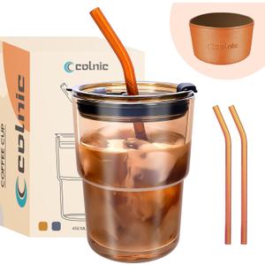 Iced Coffee Cup, 15 oz Glass Cups With Lids And Straws, Iced Coffee Glasses Tumbler, Thick Wall Mug For Tea Water With 2 Straw And Leather Sleeve, Glass Tumbler Gifts (Amber)