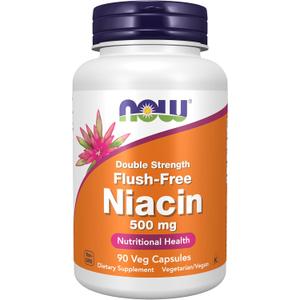 NOW Foods Supplements, Niacin (Vitamin B-3) 500 mg, Flush-Free, Double Strength, Nutritional Health, 90 Veg Capsules