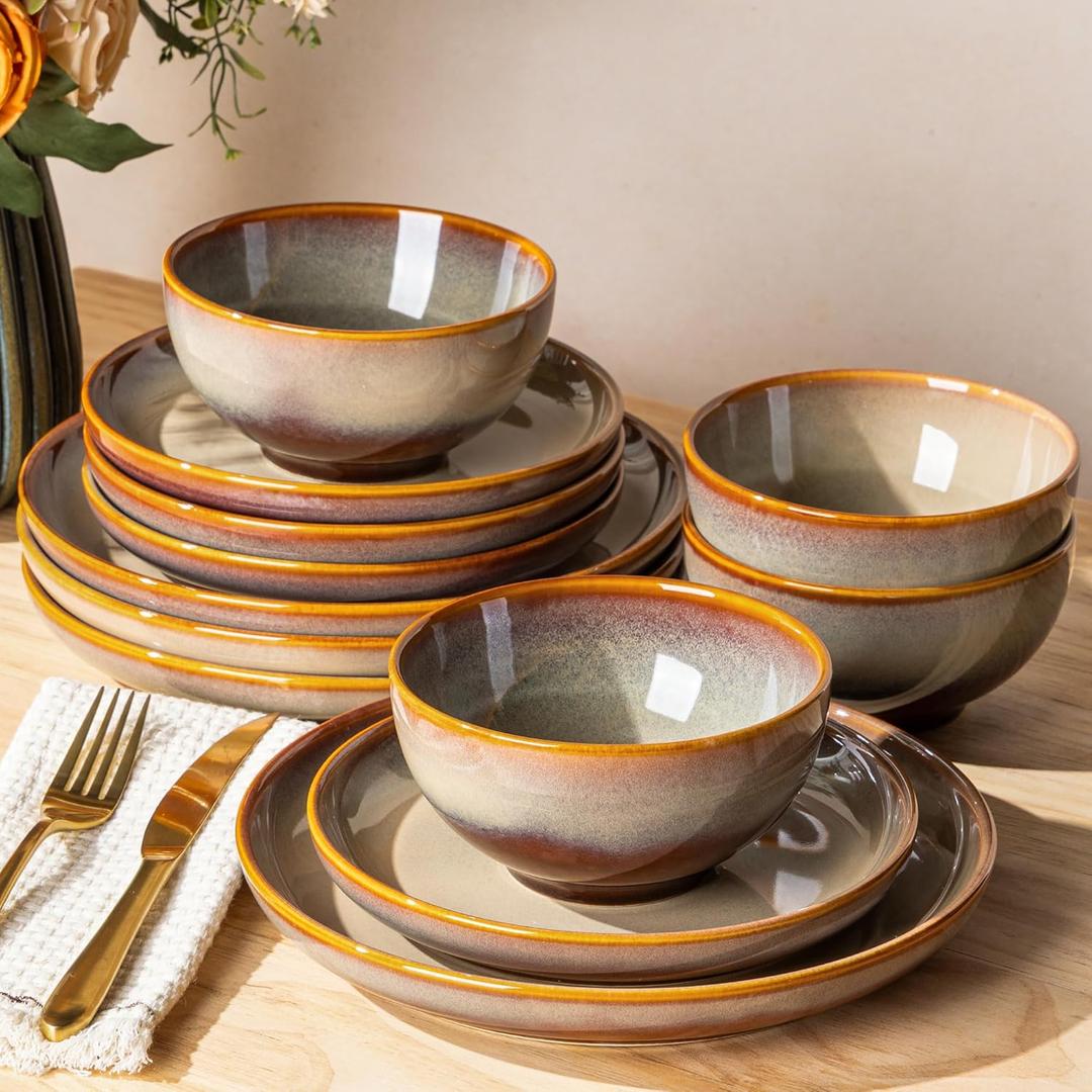 TheTerra Stoneware Dinnerware Sets for 4, 12 Pieces Ceramic Plates and Bowls Sets, Scratch Resistant Dish Set, Oven, Microwave & Dishwasher Safe, Creamy Amber