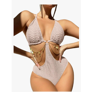 OYOANGLE Women's Chain Linked Cut Out Halter One Piece Swimsuit Tummy Control Bathing Suit S