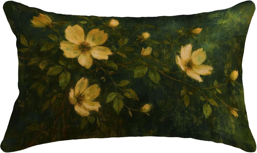 Vintage Magnolia Floral Pillow Covers 12x20, Magnolia Home Decor, Rustic Dark Cottagecore Botanical Floral Decorative Throw Pillow Covers for Home Living Room Bedroom Sofa Couch
