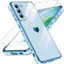 LeYi for Galaxy S21 FE Case: with Tempered Glass Screen Protector [2 Pcs]+ Full Camera Lens Protection,Love Heart Plating Girly Luxury Soft TPU Shockproof Case for Samsung S21 FE,Sierra Blue