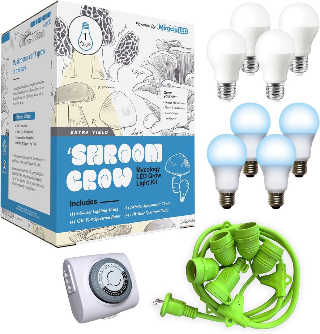 Miracle LED Shroom Indoor Grow Light Kit for Oyster, Shiitake Mushrooms - 4 6500K 12W Full & 4 Blue Spectrum Plus Replace 150W LED Grow Bulbs & 1 4-Socket Fixture with Timer