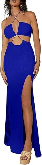 MakeMeChic Women's Sleeveless Criss Cross Halter Dress Cut Out High Waisted Split Thigh Maxi Sundress (Royal Blue) Size L
