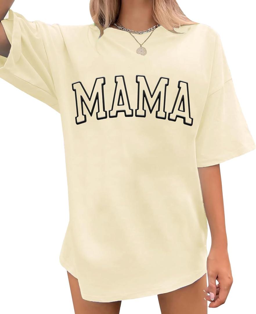 Mama Shirts for Women Oversized Cute Mama Print Graphic Tees Trendy Mom Short Sleeve Tops Beige (Beige, S)