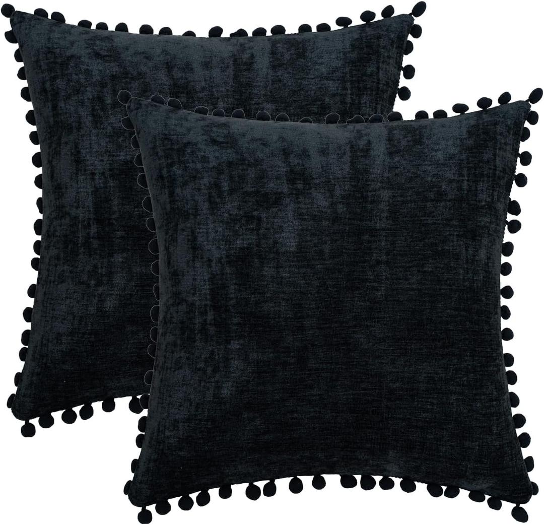 HWY 50 Decorative Throw Pillow Covers Set Cushion Cases with Pom Poms Pack of 2 Chenille Soft Solid Pillowcase for Couch Sofa Bed Living Room 18x18 Inch Black