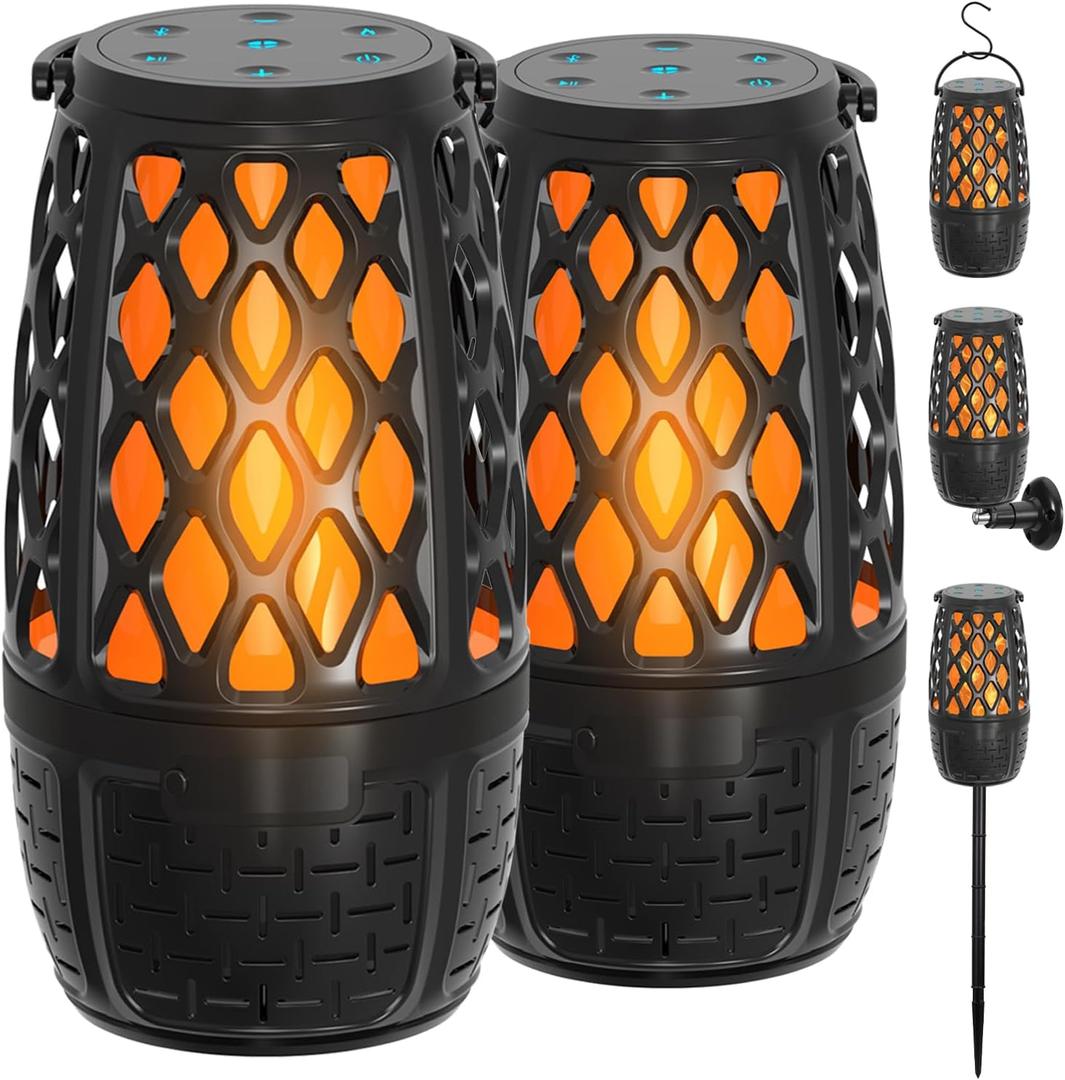 2 Pack LED Flame Outdoor Bluetooth Speaker, Unique Gifts for Men, IPX7 Waterproof Tiki Torch Atmosphere Flame Speaker for Party Patio Garden, Outdoor Speakers with Stake, Hook, Wall Mount (2 Pack)