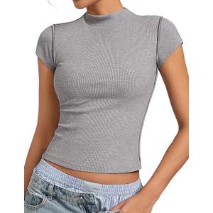 Kate Kasin Womens Ribbed Crop Top, Mock Neck Cap Sleeve Shirt with Raw Seam, Super Soft Stretchy Y2K Going Out Tops (Gray, M)