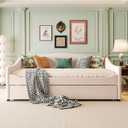 Acosure Teddy Fleece Full Size Upholstered Daybed with LED Light and Trundle,Modern Wood Platform Bed W/Side Stripes,Easy Assembly,for Bedroom,Living Room,Guestroom,Beige