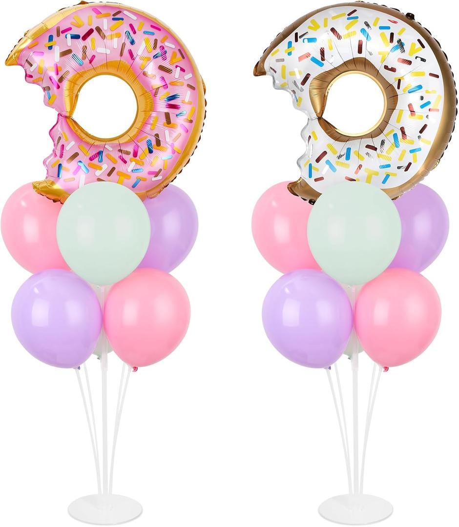 Donut Party Balloons Stand Kit 2 Sets with 2 Donuts Foil Balloons Sweet Donut 1st Party Balloon Centerpieces for Tables for Doughnut Theme Birthday Decorations